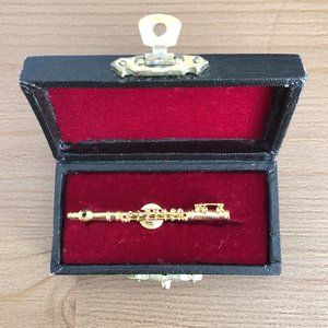 Gold-Colored Flute Brooch Lapel Pin with Case